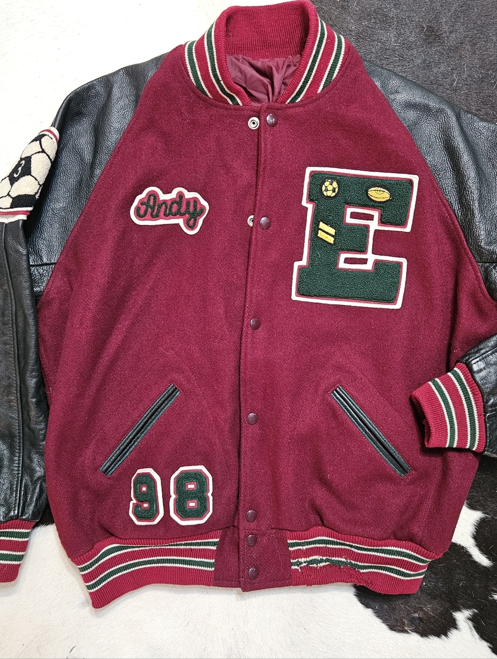 Vintage 1990s Varsity Letterman Athletic Jacket Football Soccer Leather Wool 46
